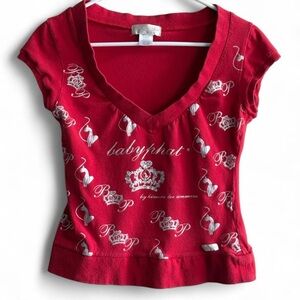 Baby Phat Red and Silver Rhinestone Logo V-Neck Top Women’s Medium